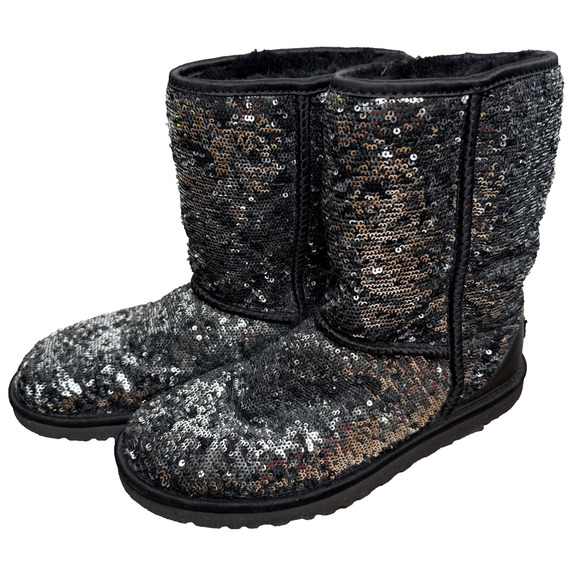 Ugg Sequin Black Silver Boots Sz 9 Short Mid Calf Fall Winter Sparkle Shoes EUC - Picture 1 of 12